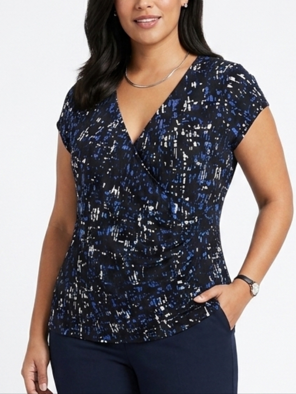 Apt. 9 Black Blue Abstract Print Draped Cowl Neck Cap Sleeve Top Size Large